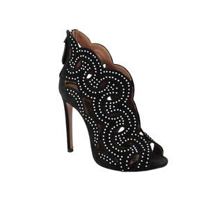 Alaia Womens Suede Studded Open Toe Ankle Boots Black White Size 35.5 5.5